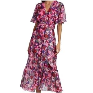 Tanya Taylor Dress WMNS‎ 22 V Neck Floral Silk Ruffle Wrap Pink Red Blaire